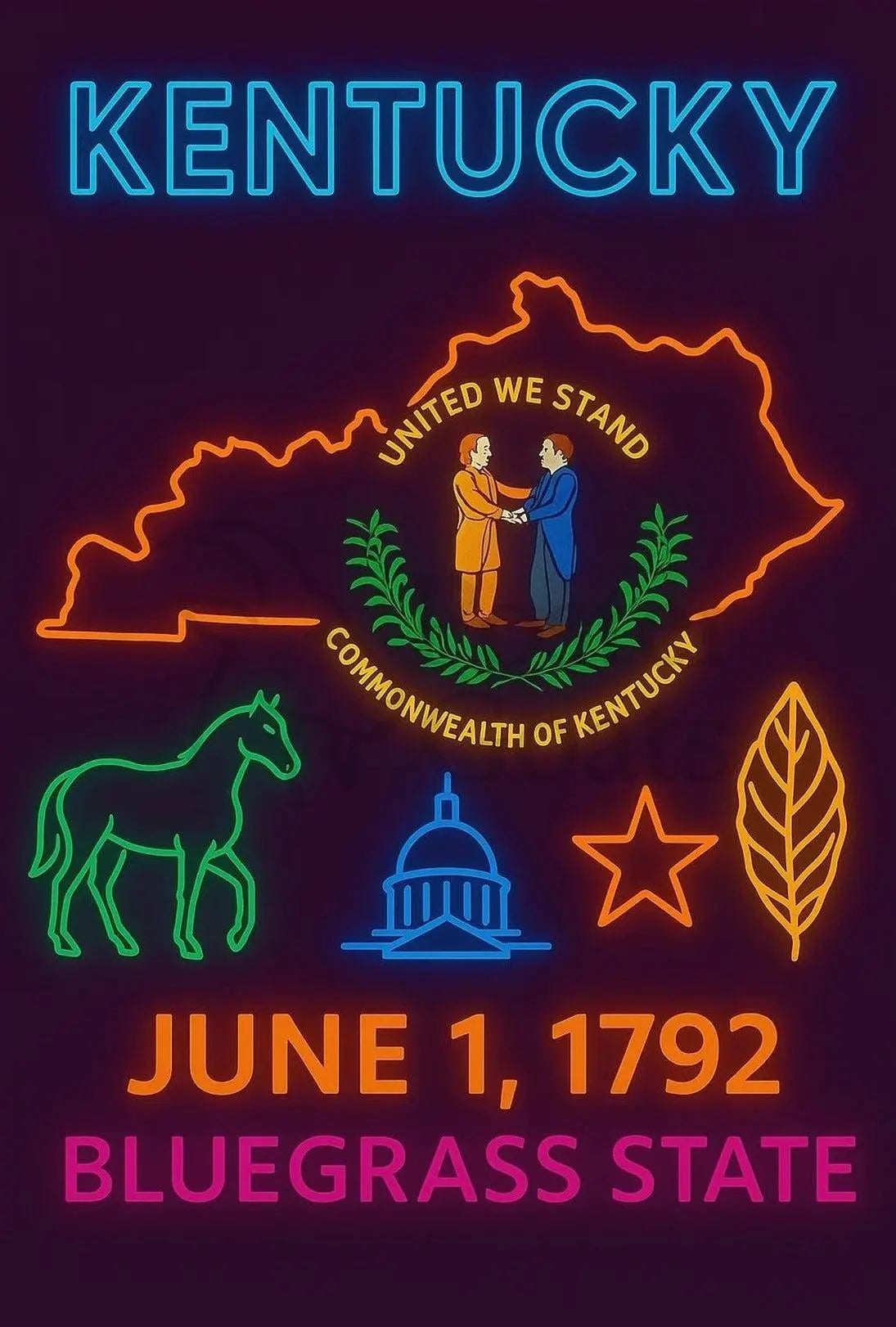 Kentucky Bluegrass State Vintage Neon Cultural Heritage Poster PosterGoat