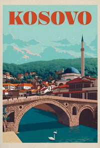 Kosovo Vintage Travel Scene with Mosque and Bridge Travel Poster PosterGoat