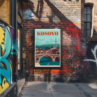 Kosovo Vintage Travel Scene with Mosque and Bridge Travel Poster PosterGoat