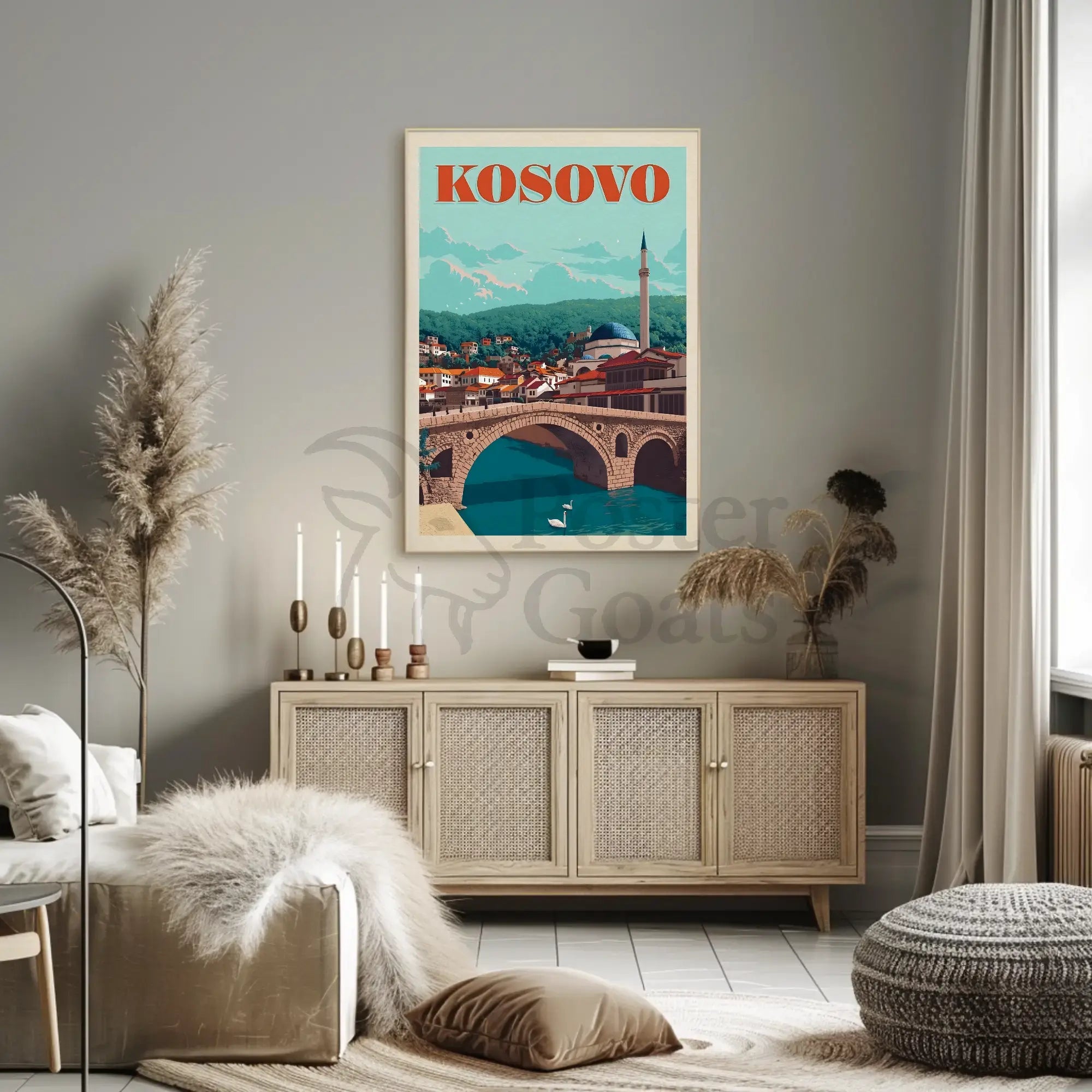 Kosovo Vintage Travel Scene with Mosque and Bridge Travel Poster PosterGoat