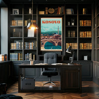 Kosovo Vintage Travel Scene with Mosque and Bridge Travel Poster PosterGoat