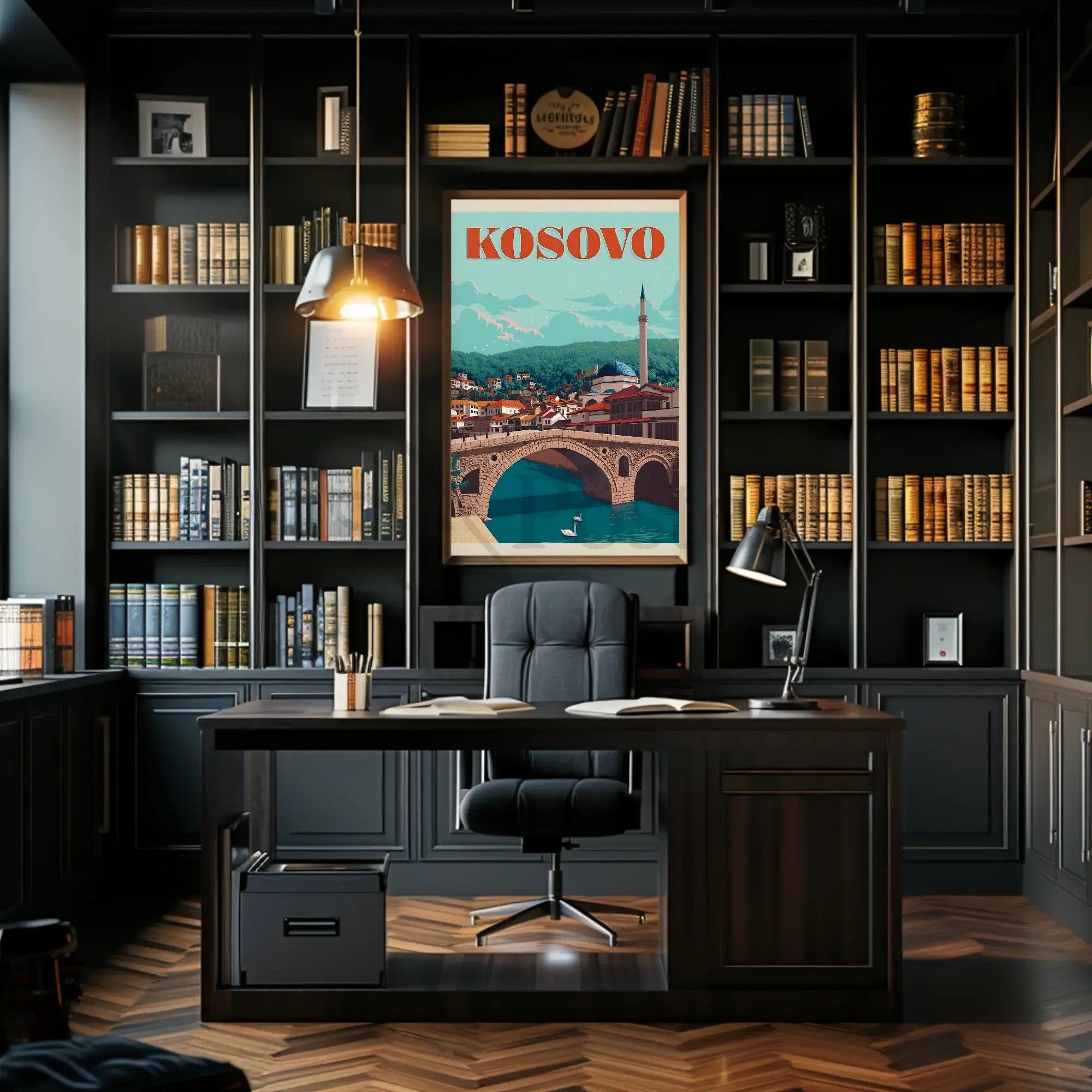 Kosovo Vintage Travel Scene with Mosque and Bridge Travel Poster PosterGoat