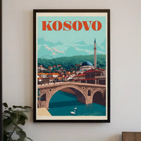 Kosovo Vintage Travel Scene with Mosque and Bridge Travel Poster PosterGoat