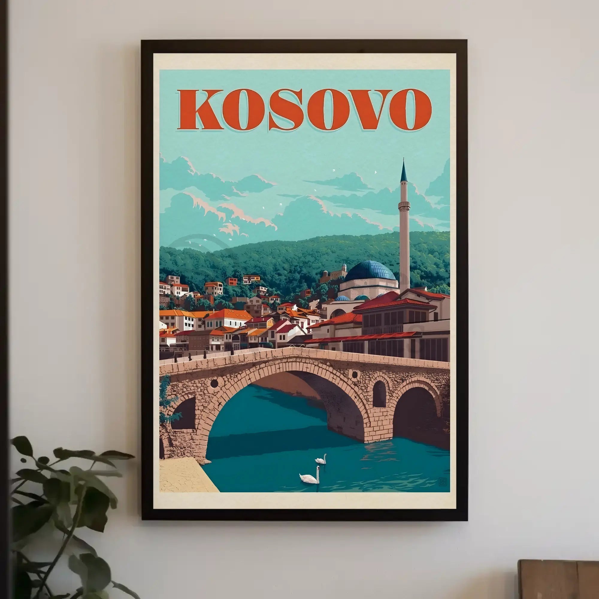 Kosovo Vintage Travel Scene with Mosque and Bridge Travel Poster PosterGoat