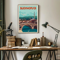 Kosovo Vintage Travel Scene with Mosque and Bridge Travel Poster PosterGoat