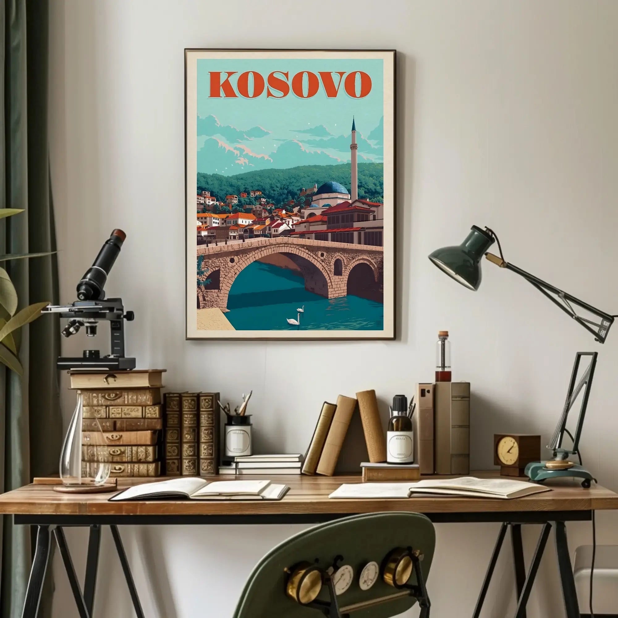Kosovo Vintage Travel Scene with Mosque and Bridge Travel Poster PosterGoat