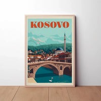 Kosovo Vintage Travel Scene with Mosque and Bridge Travel Poster PosterGoat