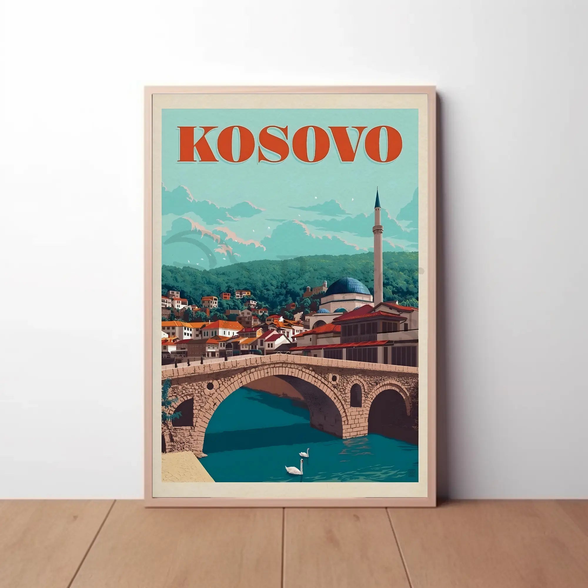 Kosovo Vintage Travel Scene with Mosque and Bridge Travel Poster PosterGoat