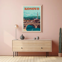 Kosovo Vintage Travel Scene with Mosque and Bridge Travel Poster PosterGoat