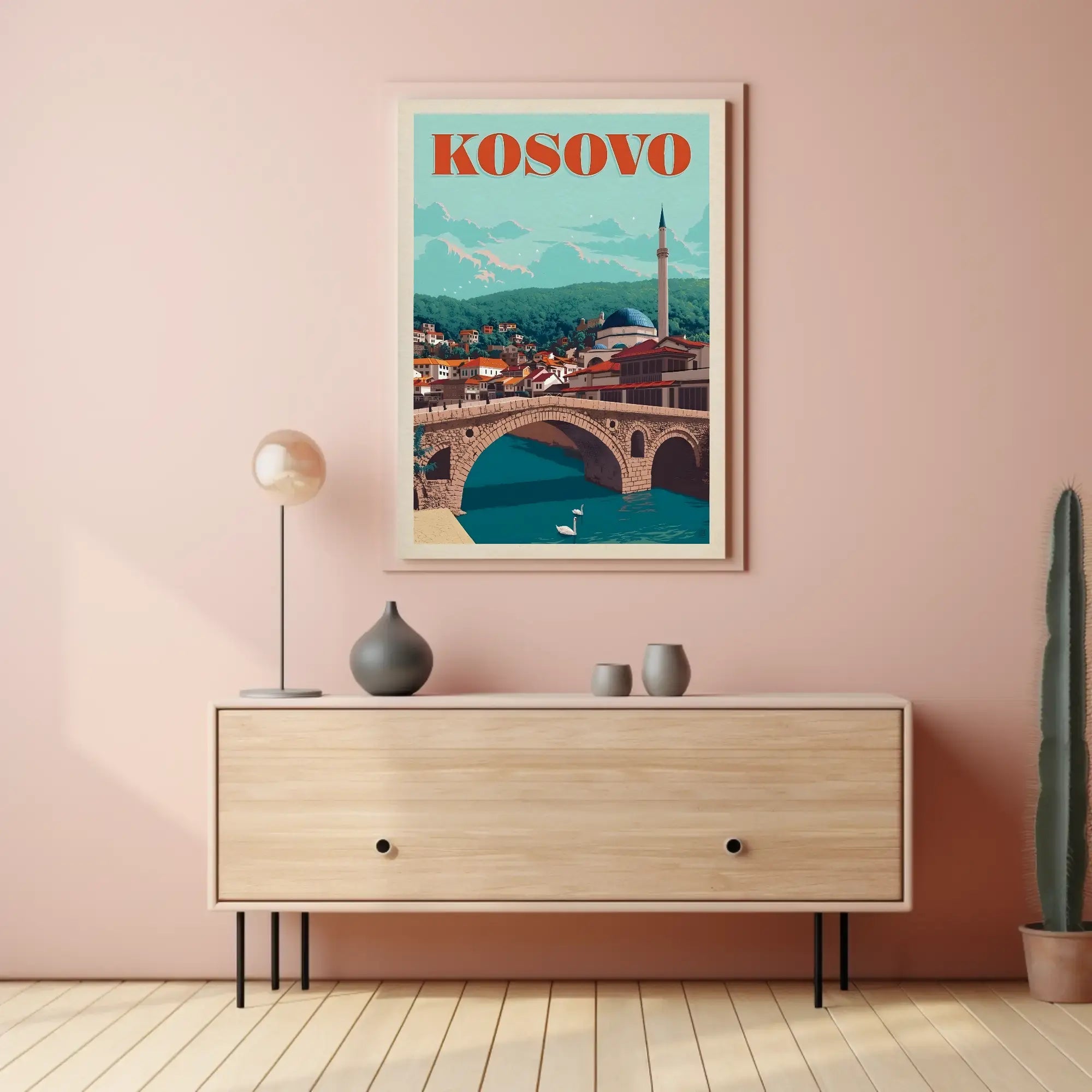 Kosovo Vintage Travel Scene with Mosque and Bridge Travel Poster PosterGoat