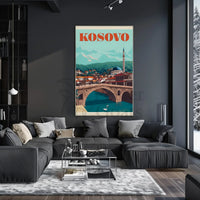 Kosovo Vintage Travel Scene with Mosque and Bridge Travel Poster PosterGoat