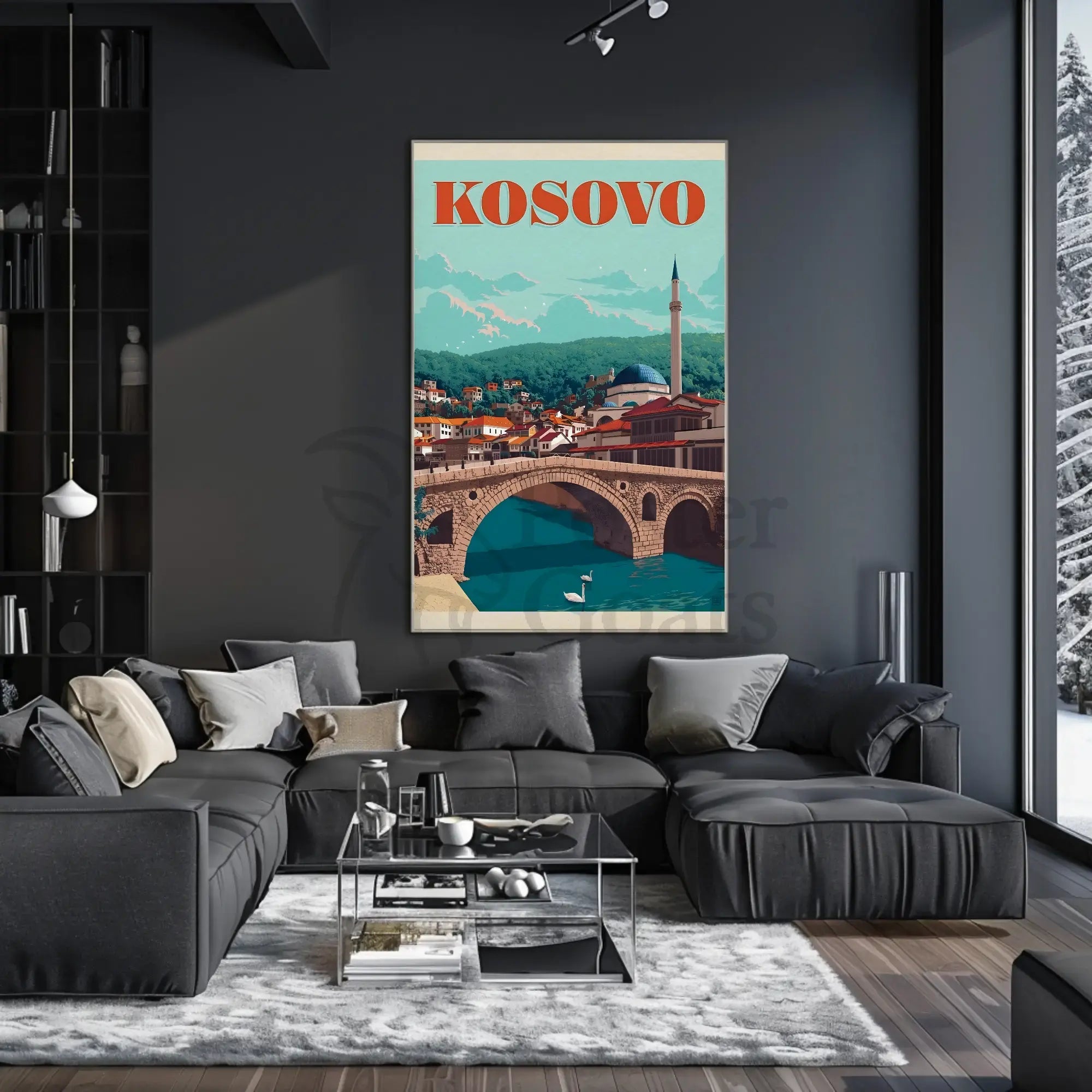 Kosovo Vintage Travel Scene with Mosque and Bridge Travel Poster PosterGoat