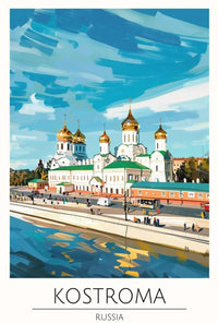 Kostroma Riverbank with Russian Church Cultural or Heritage Poster PosterGoat
