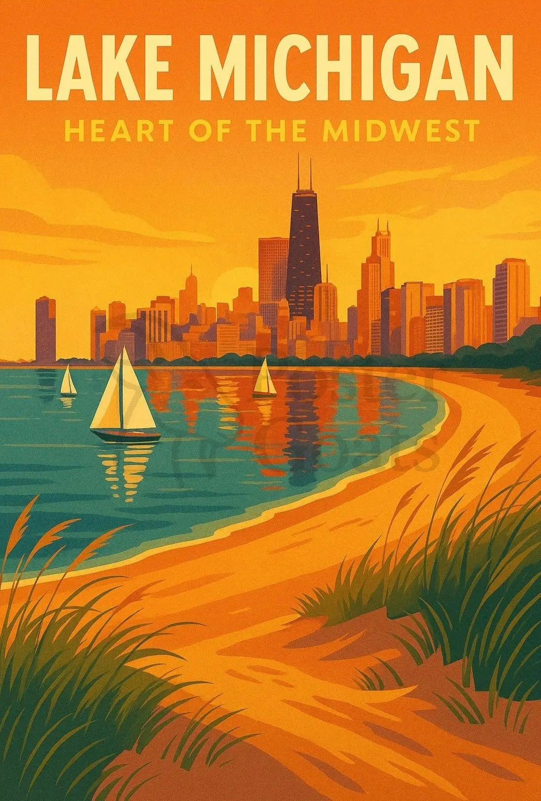 Lake Michigan Chicago Skyline Retro Travel Poster PosterGoat