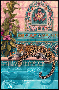 Leopard by Pool Vibrant Art Animal Poster PosterGoat