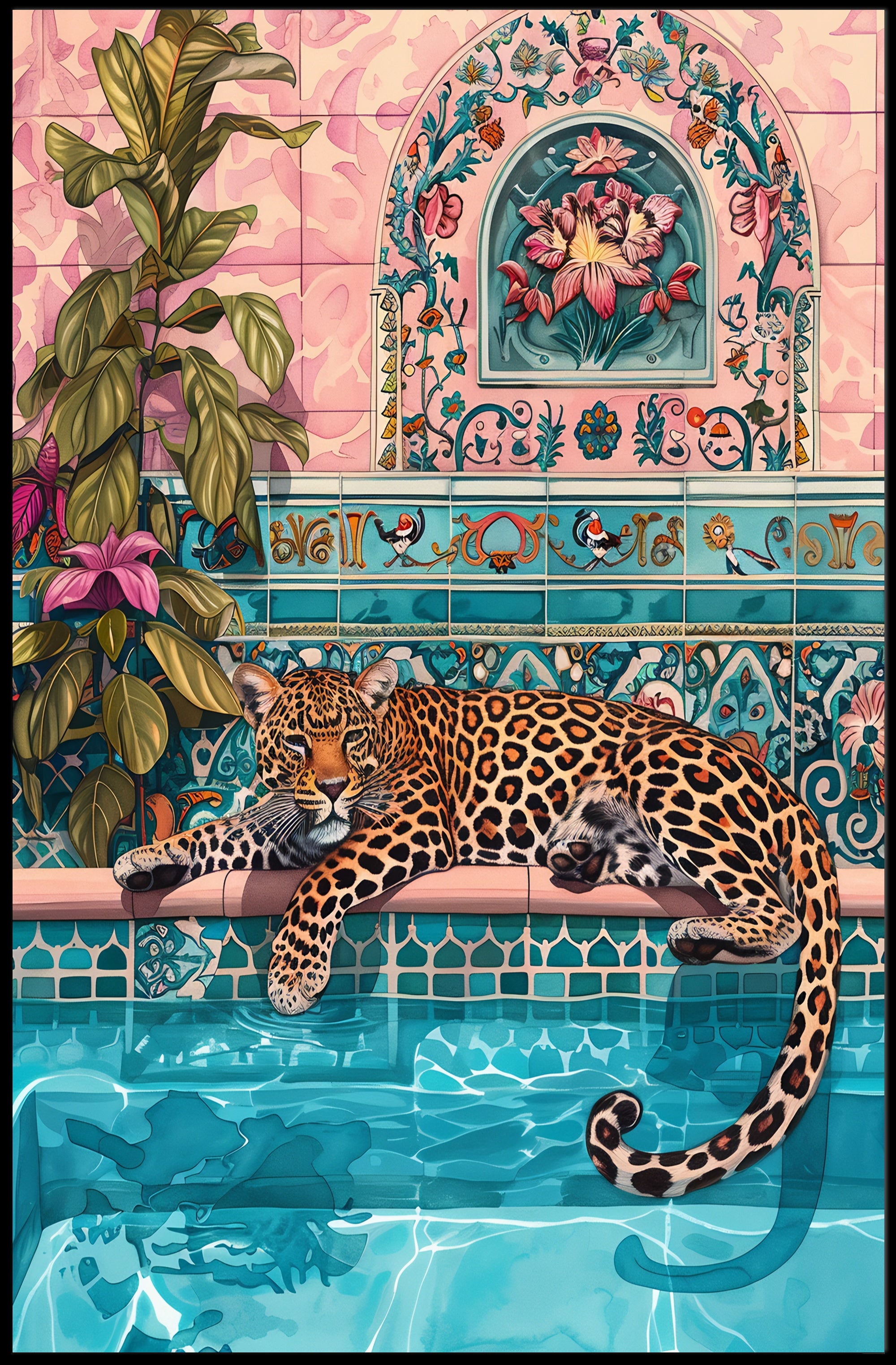 Leopard by Pool Vibrant Art Animal Poster PosterGoat