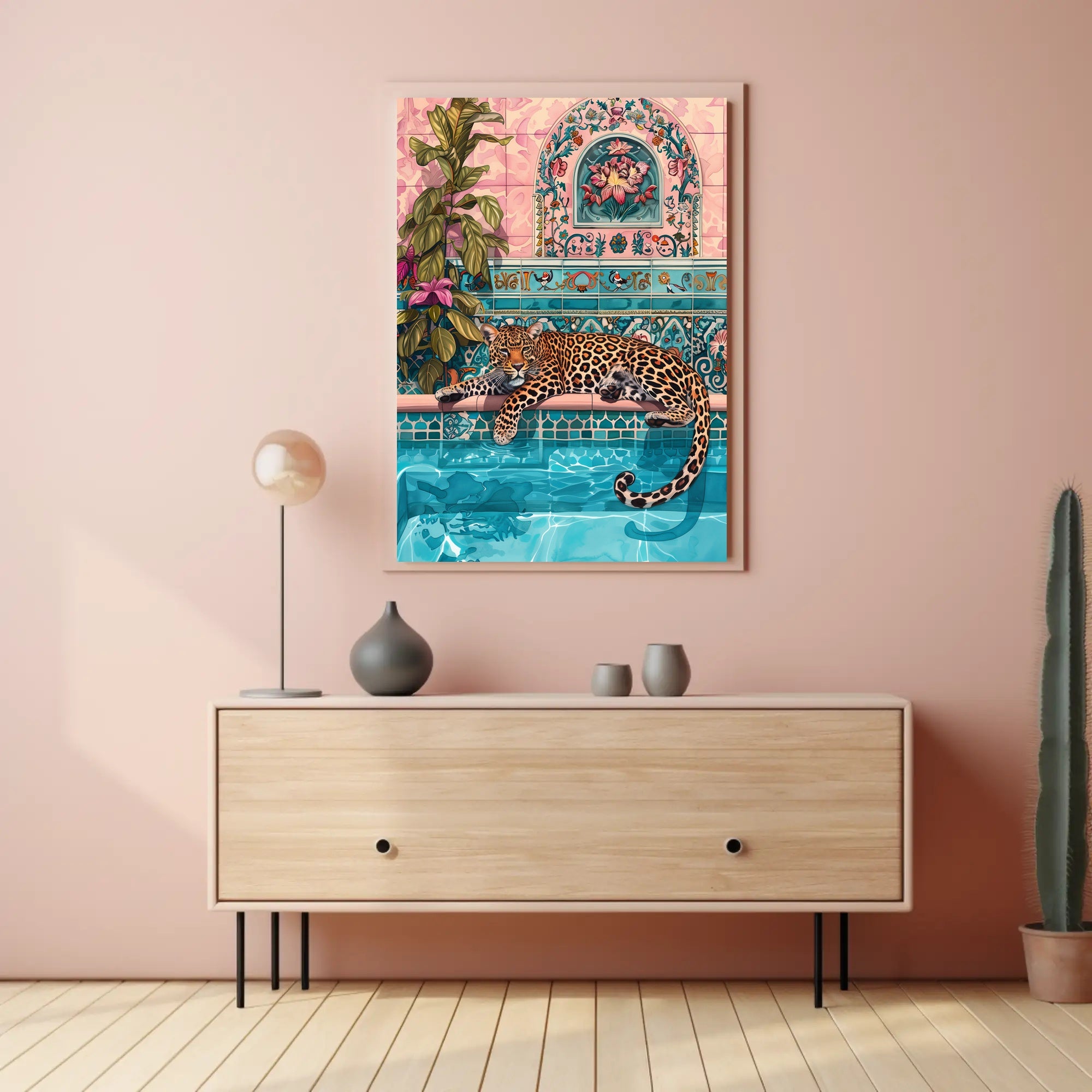 Leopard by Pool Vibrant Art Animal Poster PosterGoat