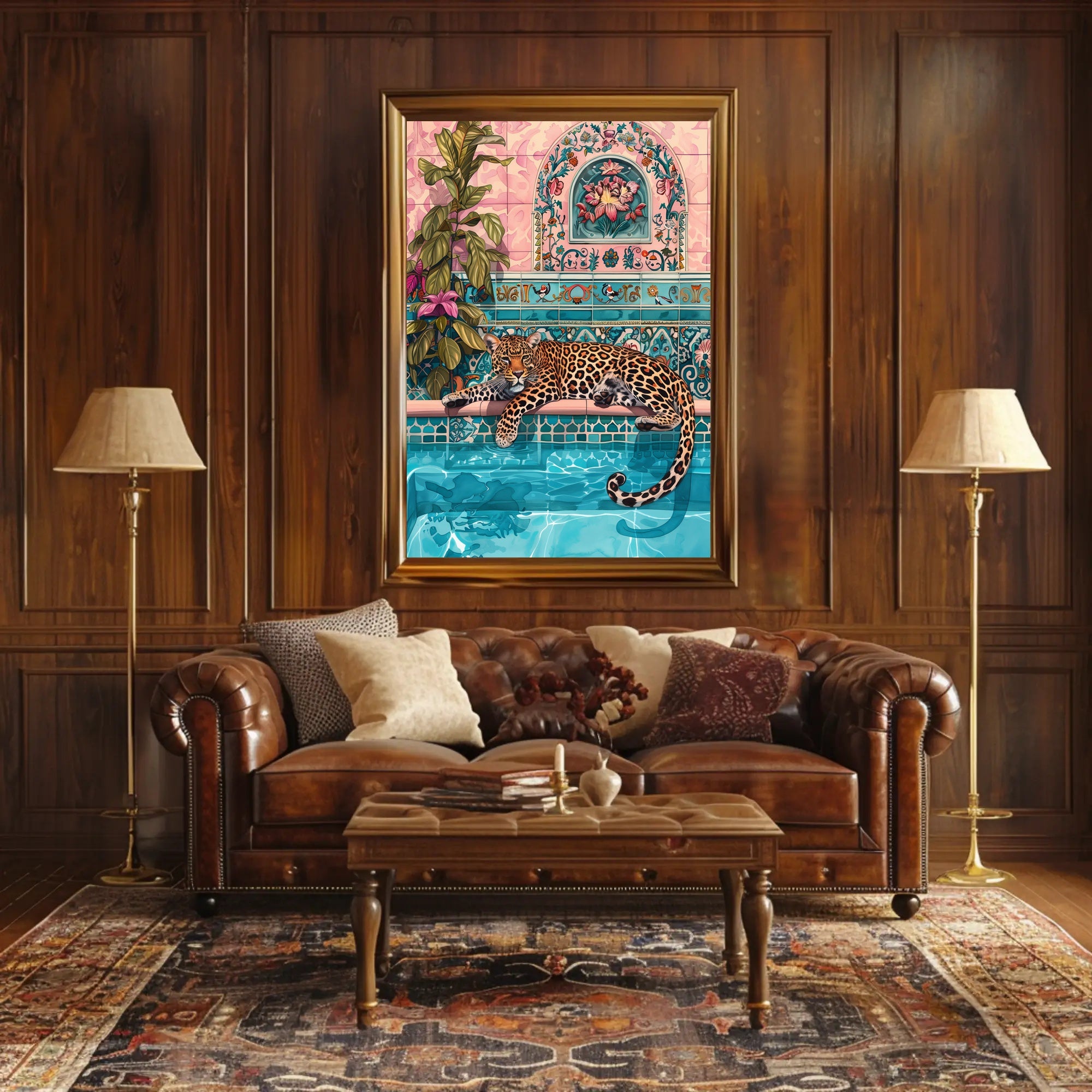 Leopard by Pool Vibrant Art Animal Poster PosterGoat