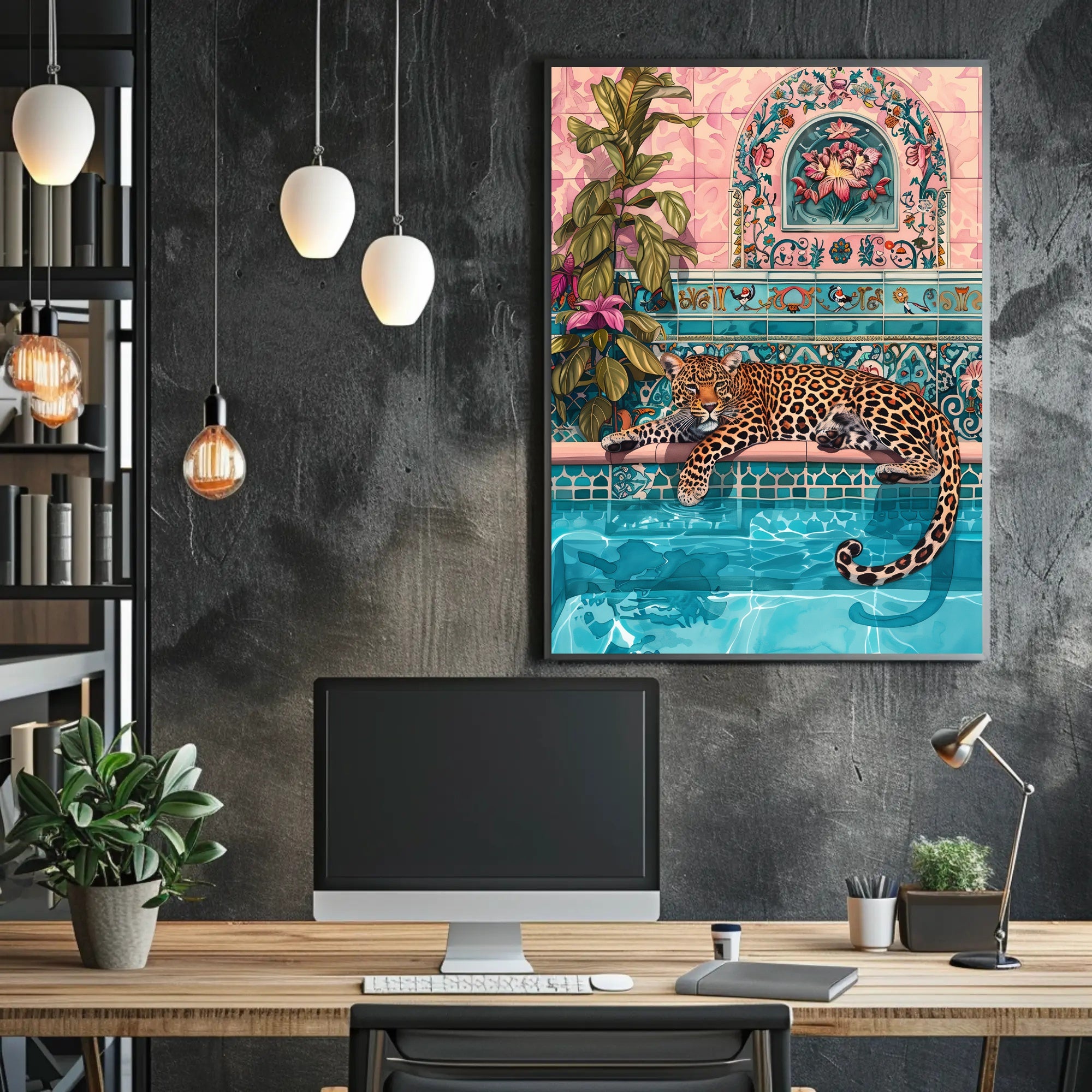 Leopard by Pool Vibrant Art Animal Poster PosterGoat
