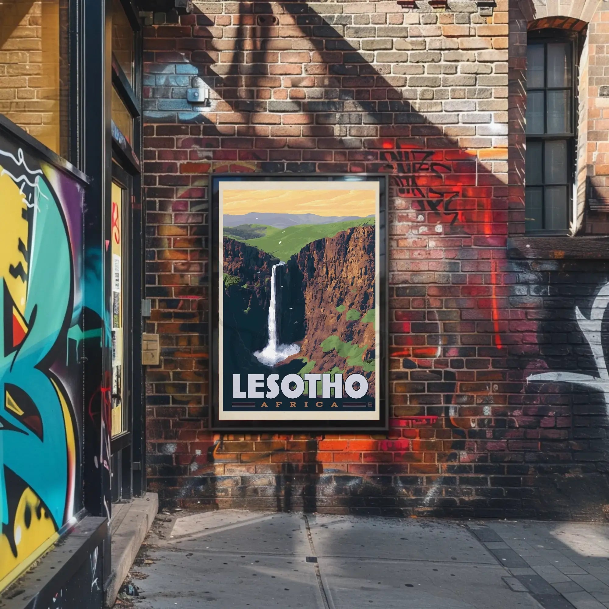 Lesotho Waterfall Adventure Vintage Travel Poster PosterGoat