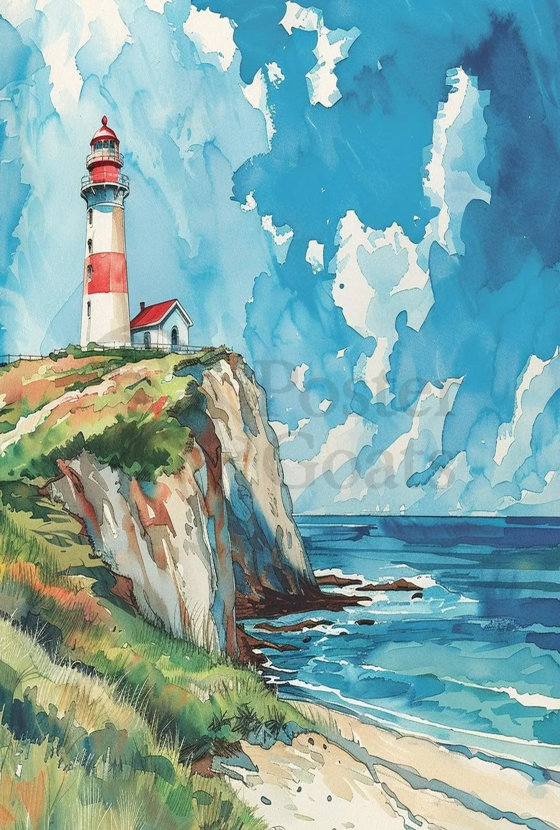 Lighthouse on Cliff Watercolor Art - Artistic Poster PosterGoat
