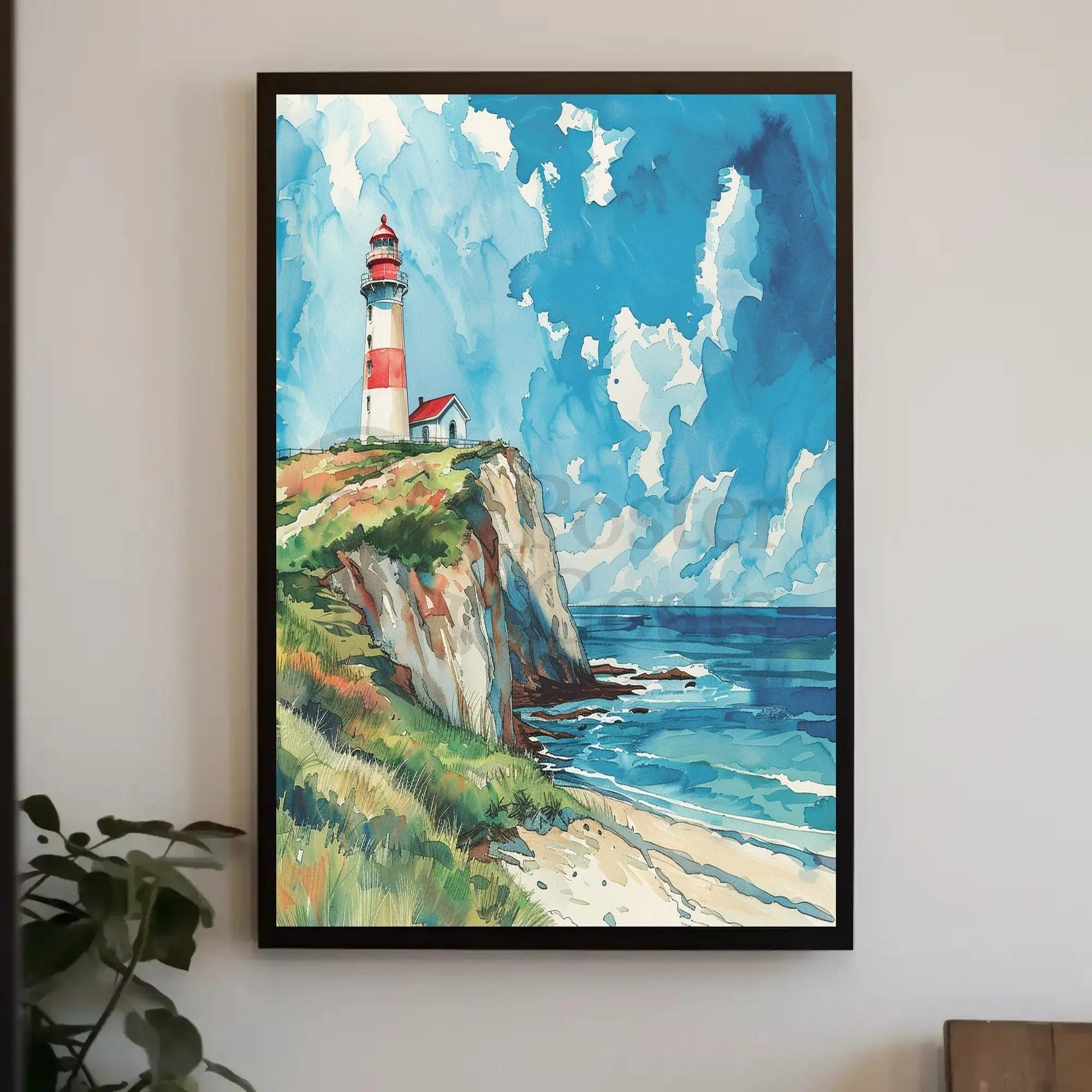 Lighthouse on Cliff Watercolor Art - Artistic Poster PosterGoat