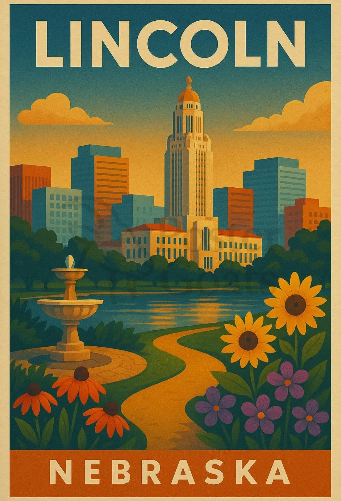 Lincoln Nebraska Vintage Travel Art Deco Skyline Poster PosterGoat