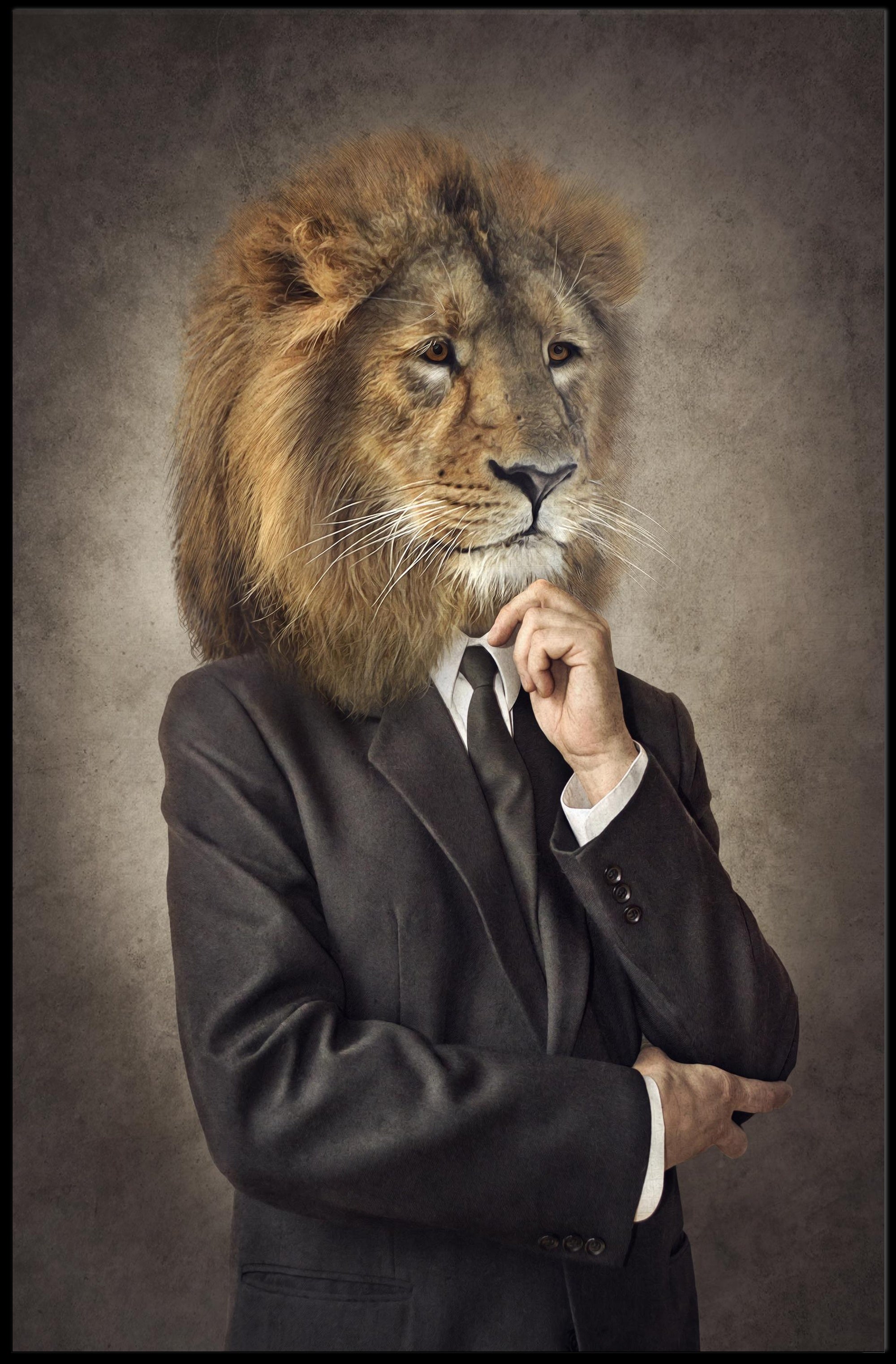 Lion-Headed Figure in Suit: Artistic Poster PosterGoat