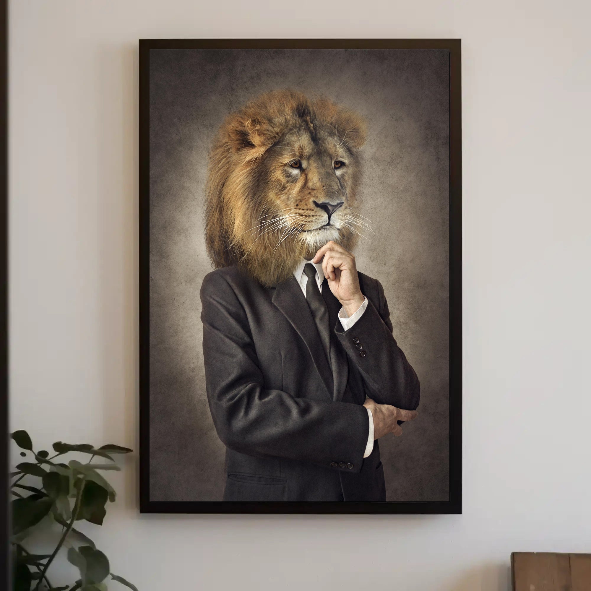 Lion-Headed Figure in Suit: Artistic Poster PosterGoat