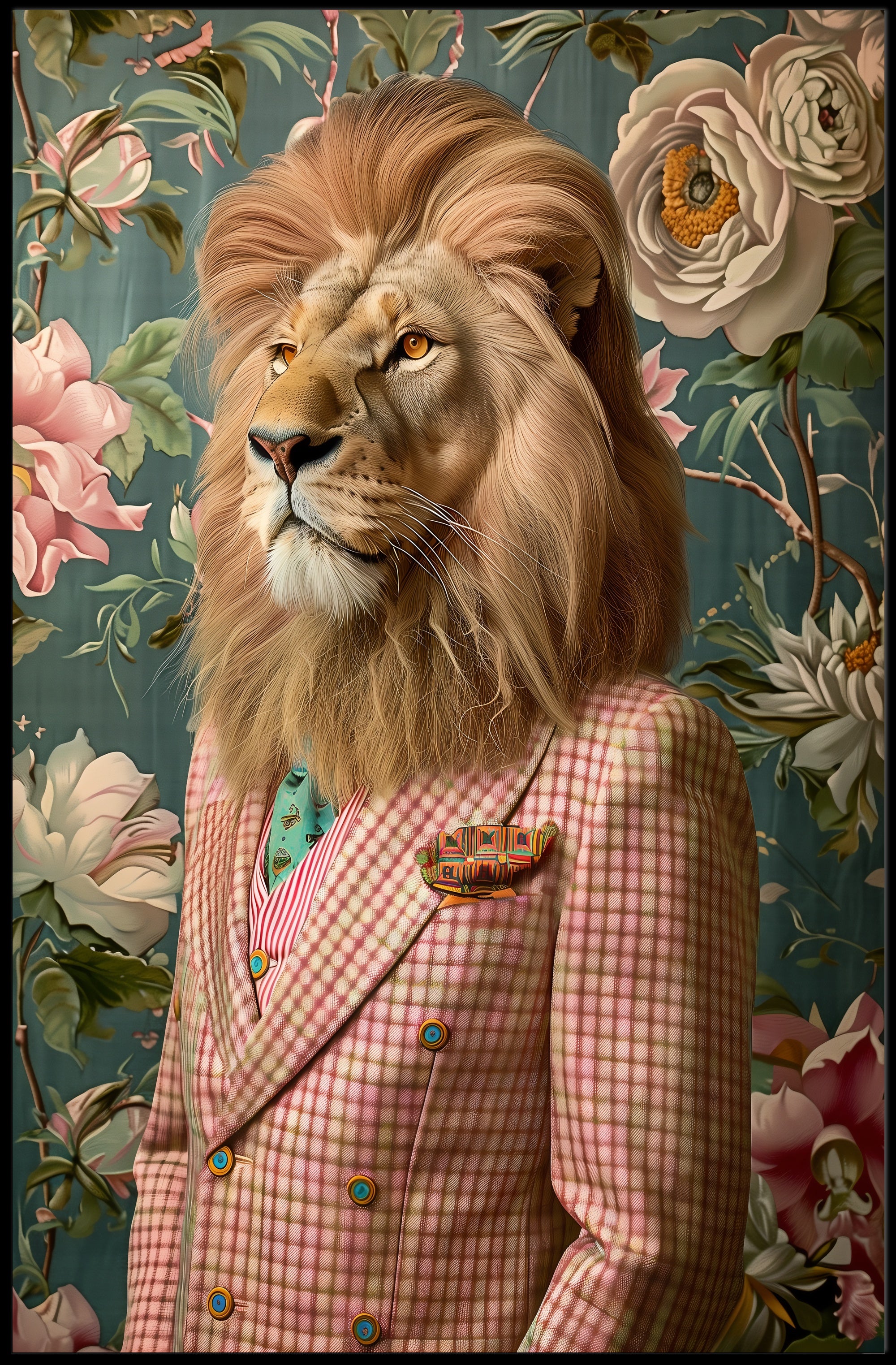 Lion in Vintage Plaid Suit: Abstract or Artistic Poster PosterGoat