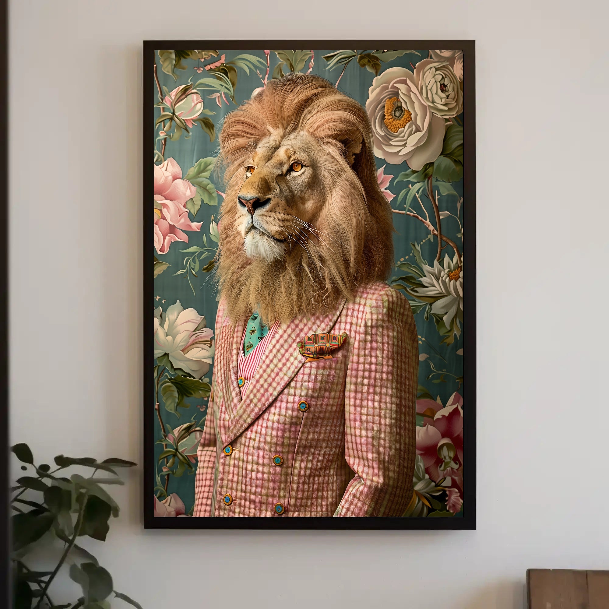 Lion in Vintage Plaid Suit: Abstract or Artistic Poster PosterGoat