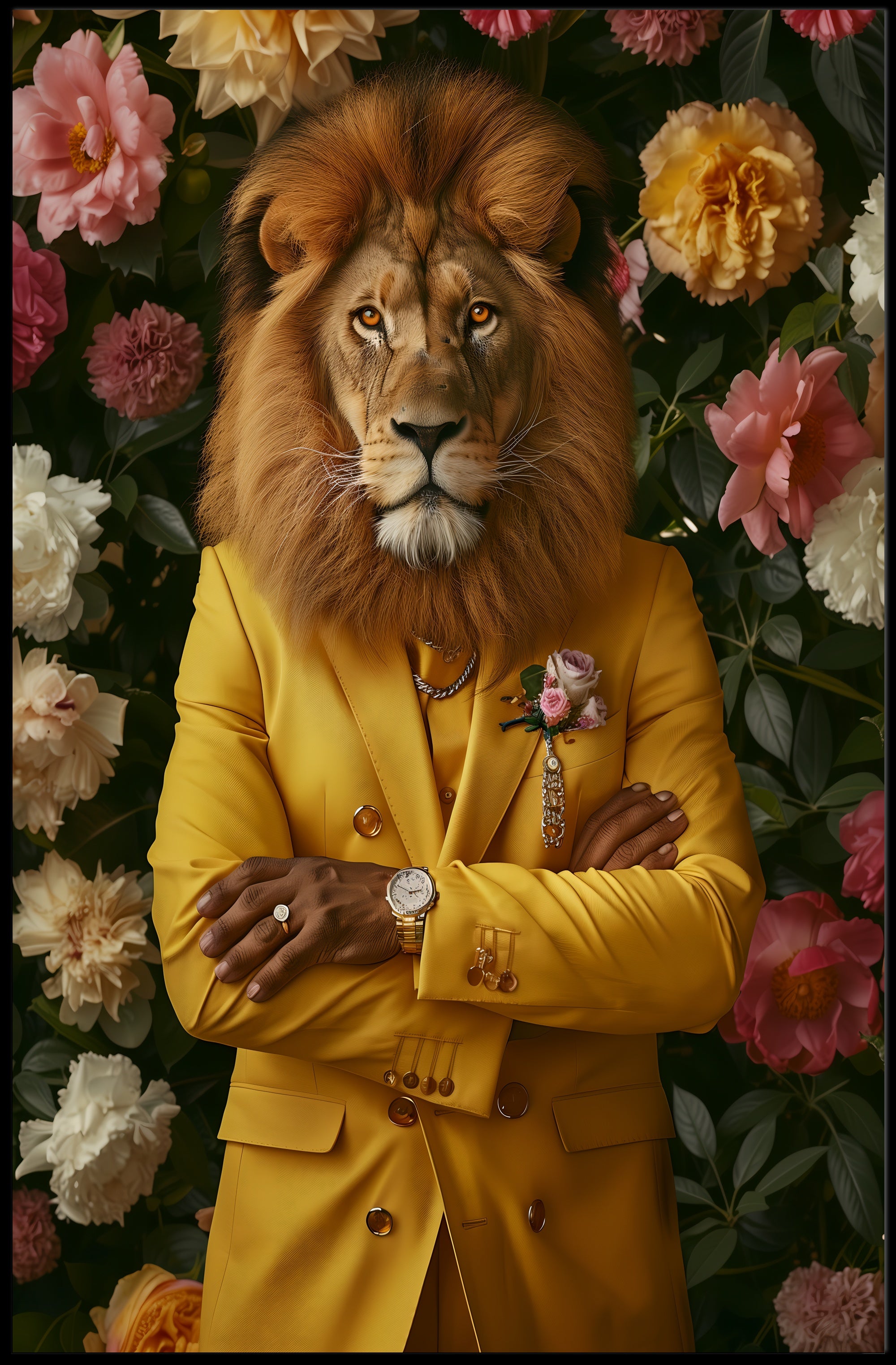 Lion in Yellow Suit: Whimsical Artistic Poster PosterGoat