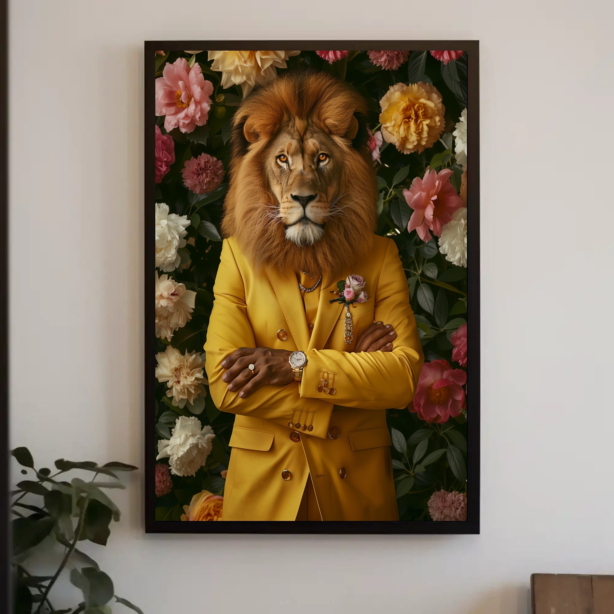 Lion in Yellow Suit: Whimsical Artistic Poster PosterGoat