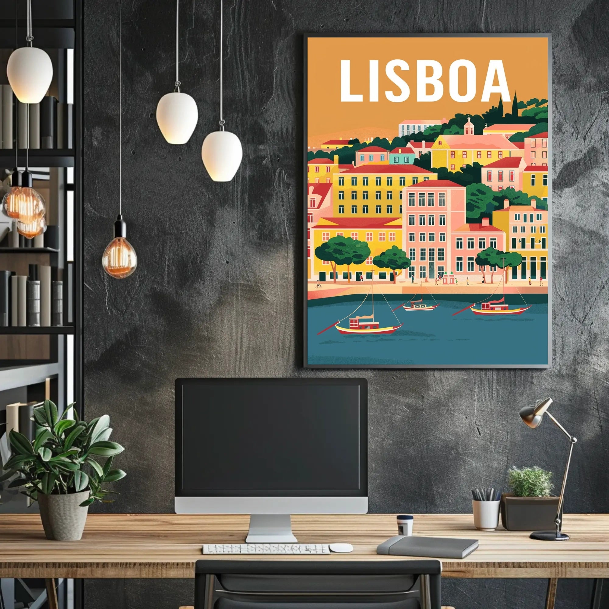 Lisbon Waterfront Urban Illustration: Cityscape Travel Poster PosterGoat