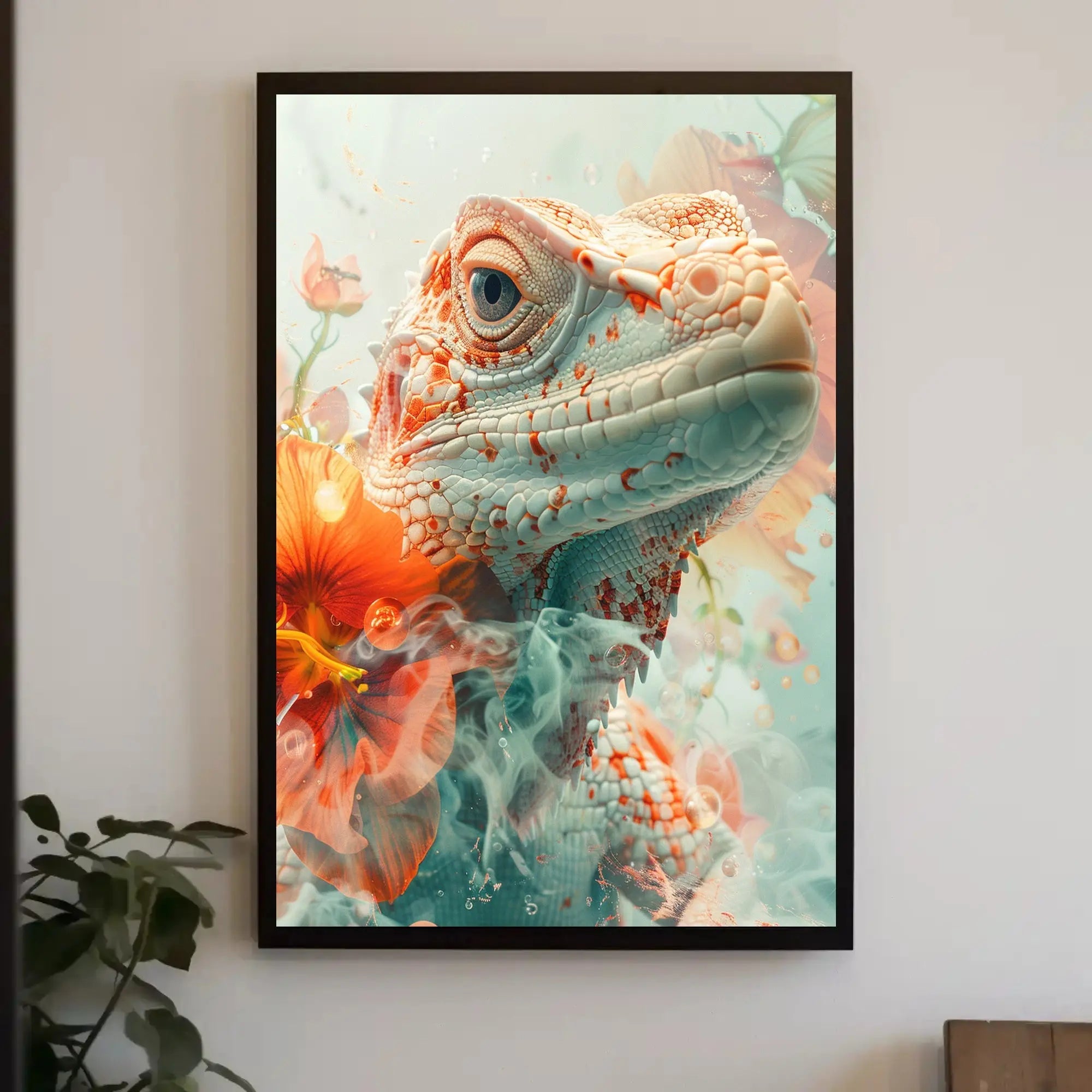 Lizard and Hibiscus Fantasy Artistic Animal Poster PosterGoat