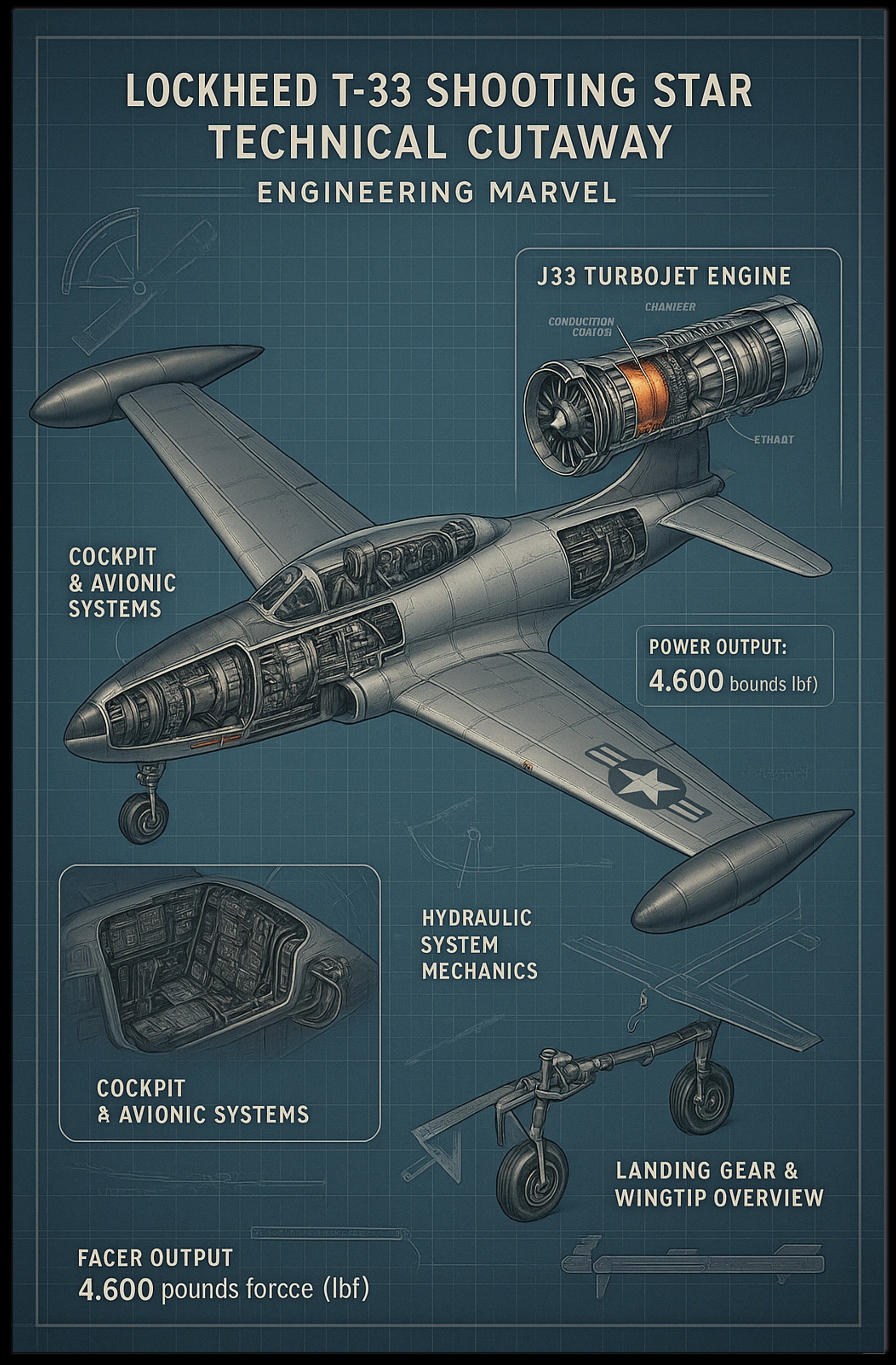 Lockheed T-33 Shooting Star Technical Cutaway Poster PosterGoat
