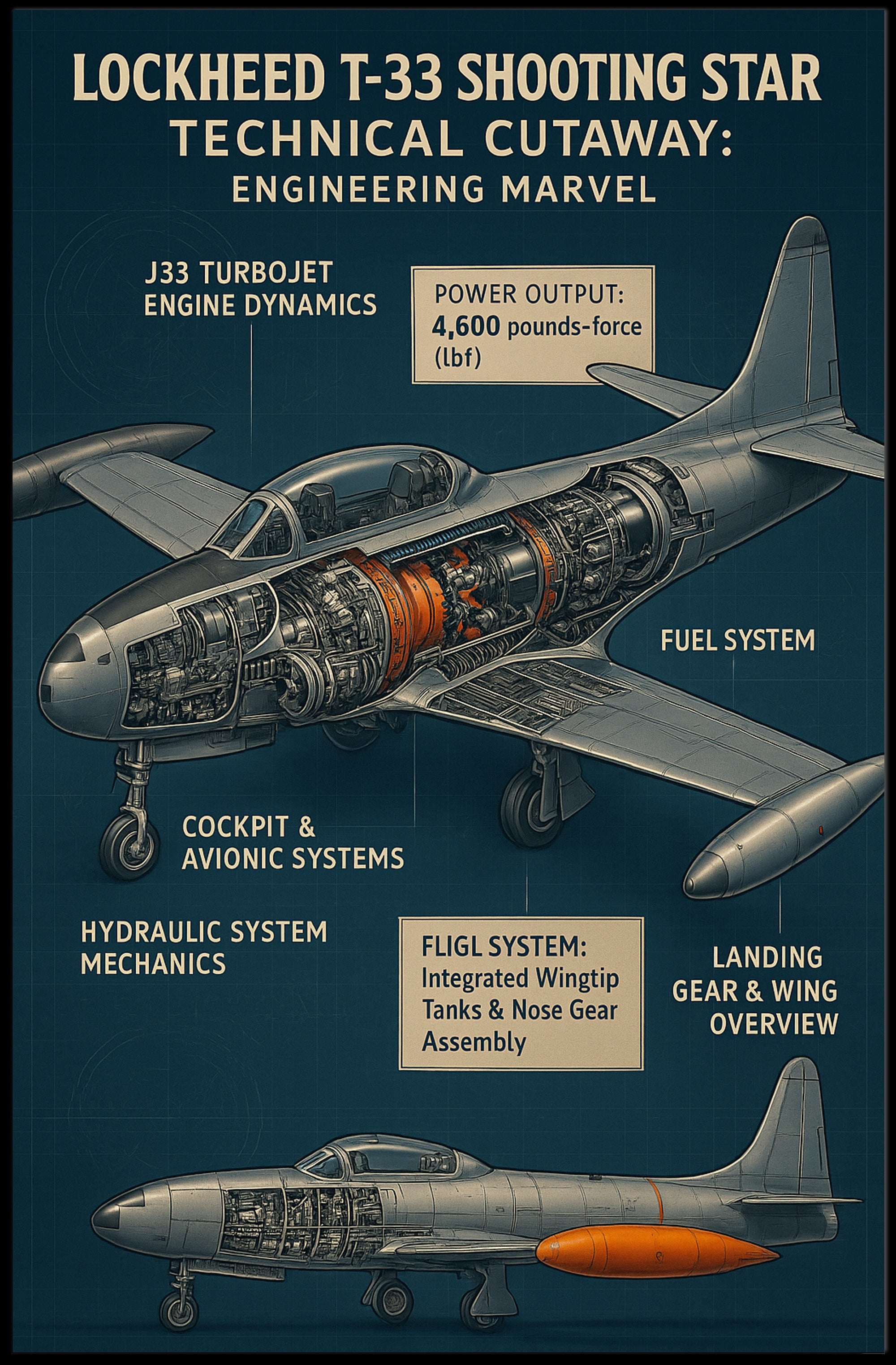 Lockheed T-33 Shooting Star Technical Cutaway Poster PosterGoat