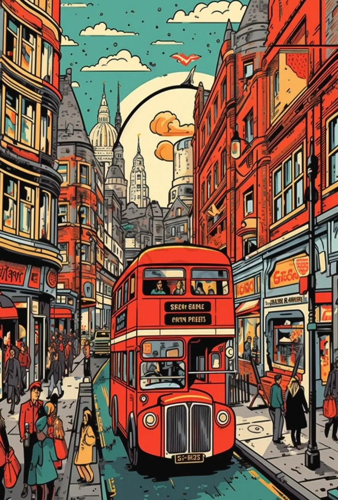 London Double-Decker Streetscape Retro Art Travel Poster PosterGoat
