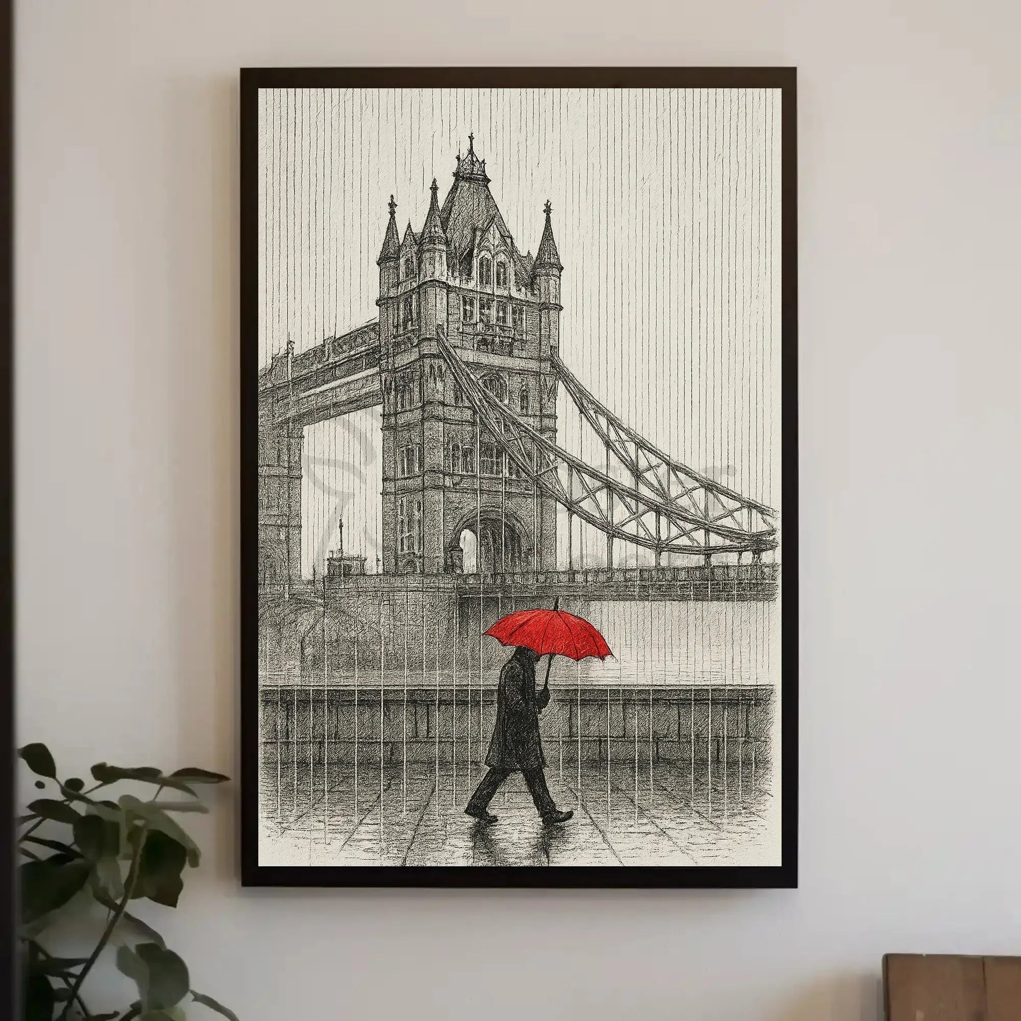 London's Tower Bridge Rainy Day Sketch: Travel Poster PosterGoat