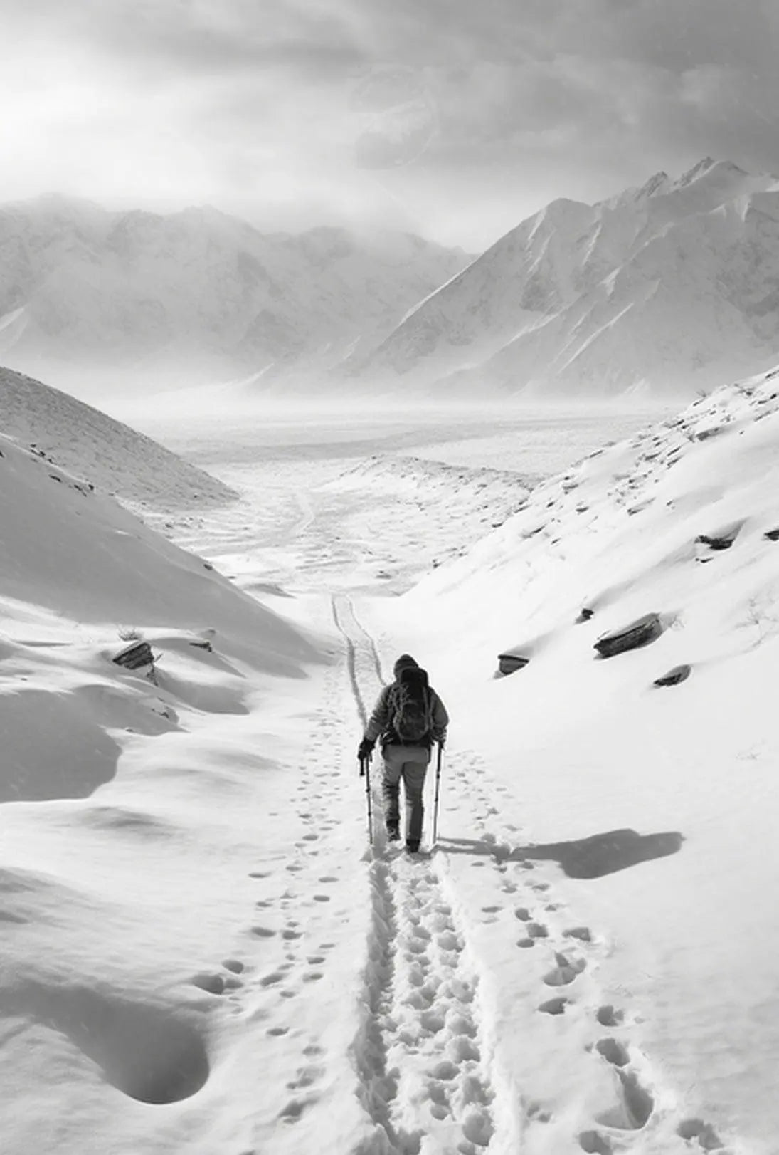 Lone Adventurer Amidst Snowy Peaks Travel Poster PosterGoat