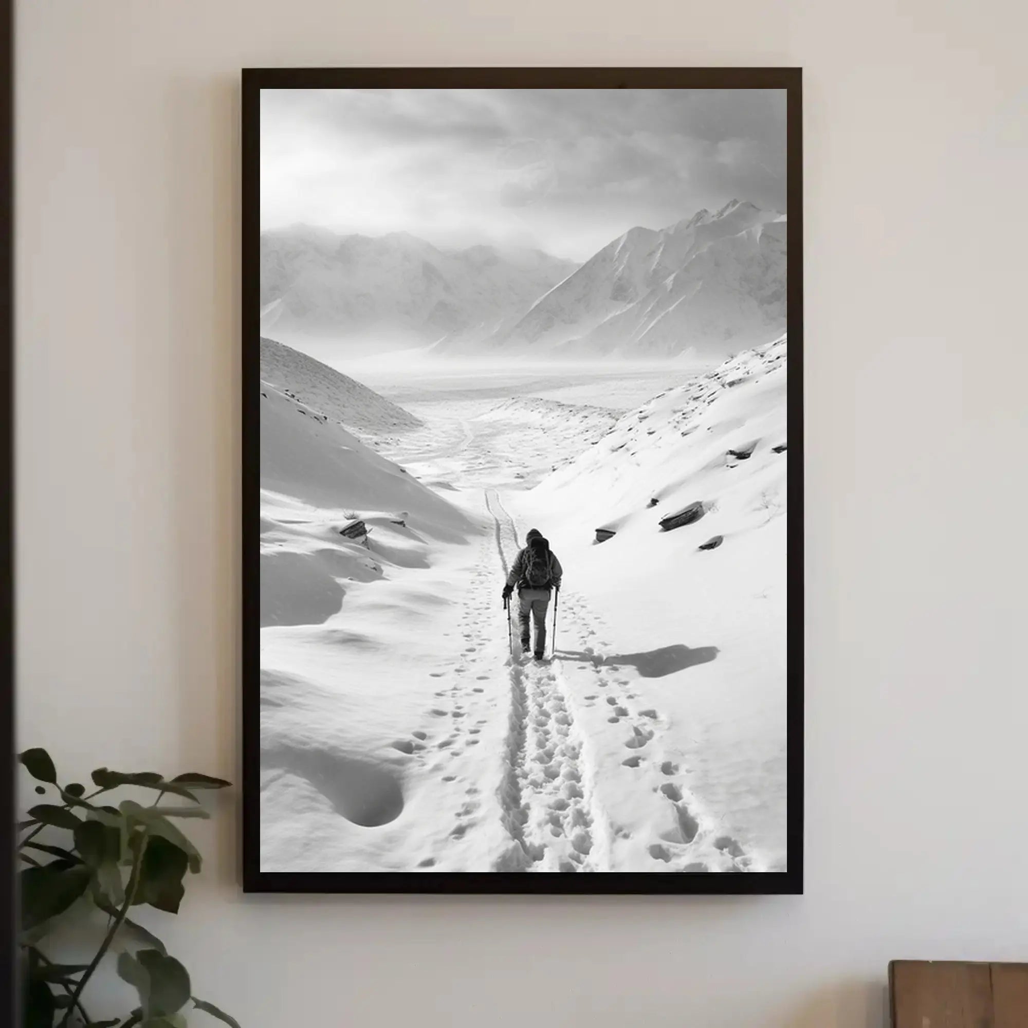 Lone Adventurer Amidst Snowy Peaks Travel Poster PosterGoat