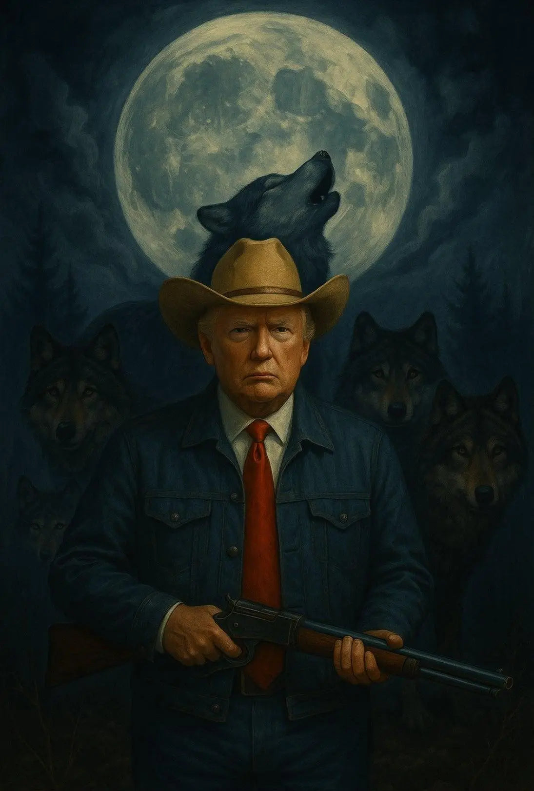 Lone Cowboy President Trump Under Moon Wilderness Artistic Poster PosterGoat