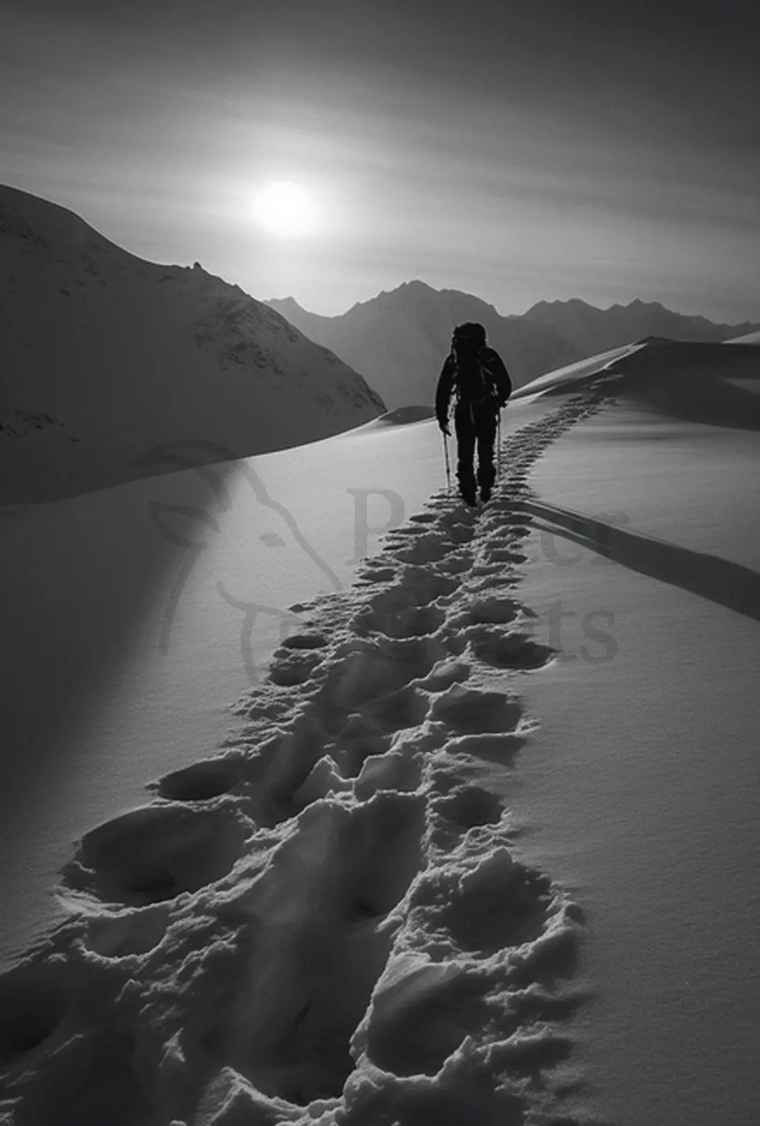 Lone Hiker in Snowy Mountains Travel Poster PosterGoat