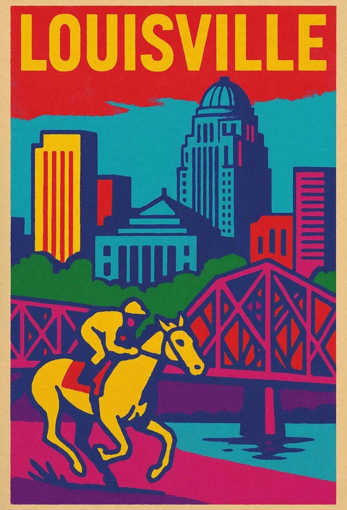 Louisville Cityscape and Horse Racing Pop Art Travel Poster PosterGoat
