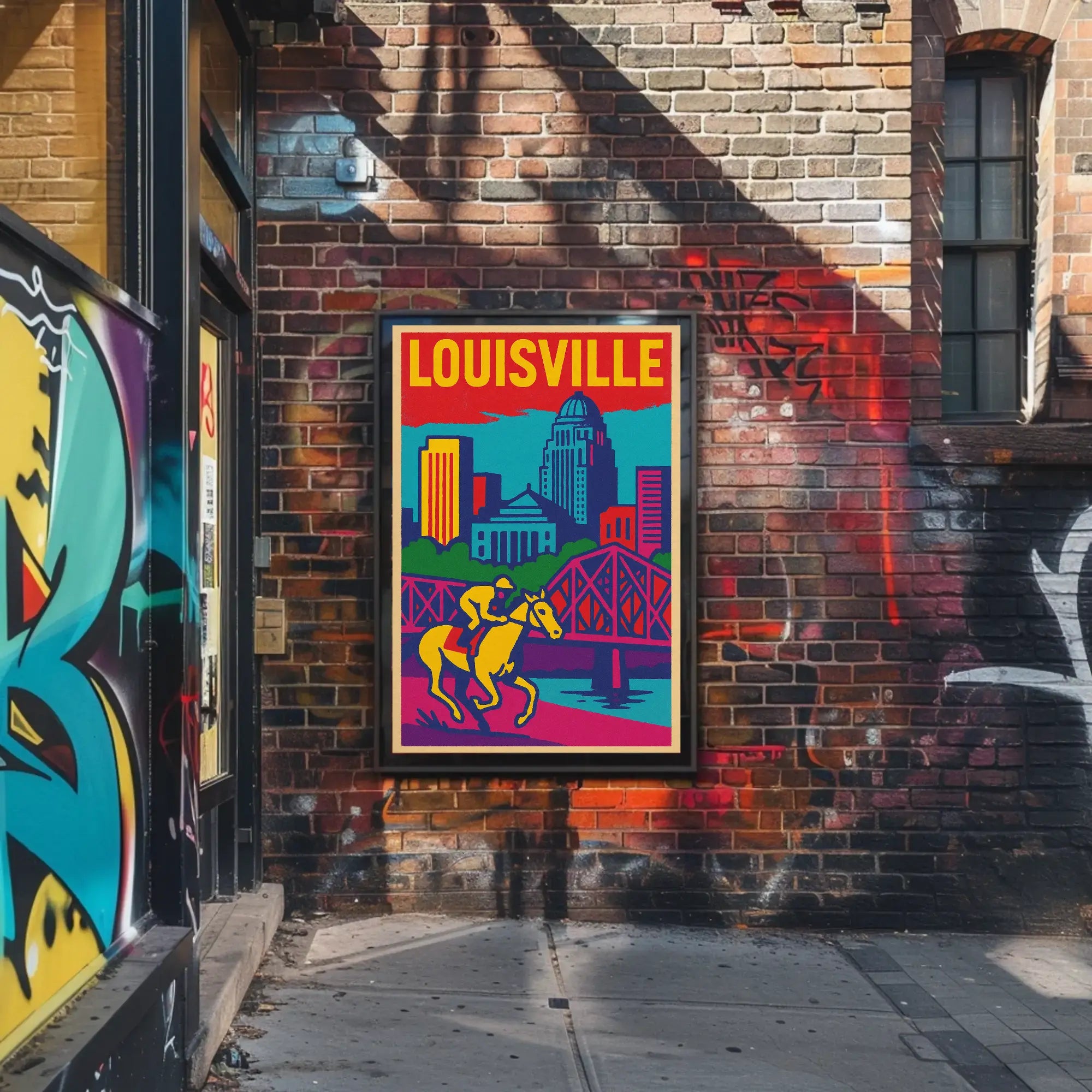 Louisville Cityscape and Horse Racing Pop Art Travel Poster PosterGoat