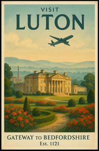 Luton Travel Poster with Vintage Mansion and Airplane Silhouette PosterGoat