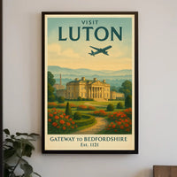 Luton Travel Poster with Vintage Mansion and Airplane Silhouette PosterGoat