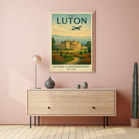 Luton Travel Poster with Vintage Mansion and Airplane Silhouette PosterGoat
