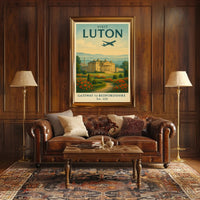 Luton Travel Poster with Vintage Mansion and Airplane Silhouette PosterGoat