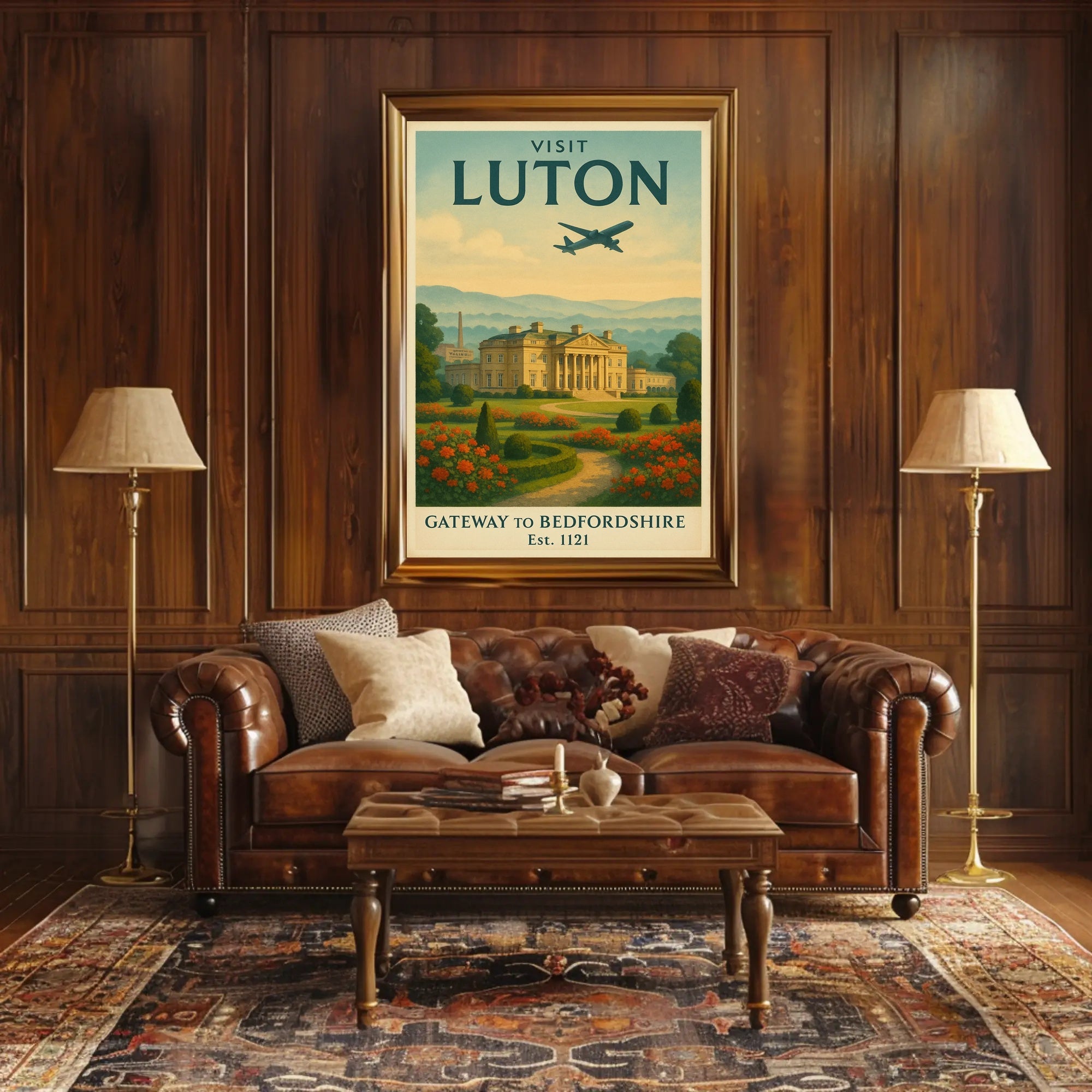 Luton Travel Poster with Vintage Mansion and Airplane Silhouette PosterGoat
